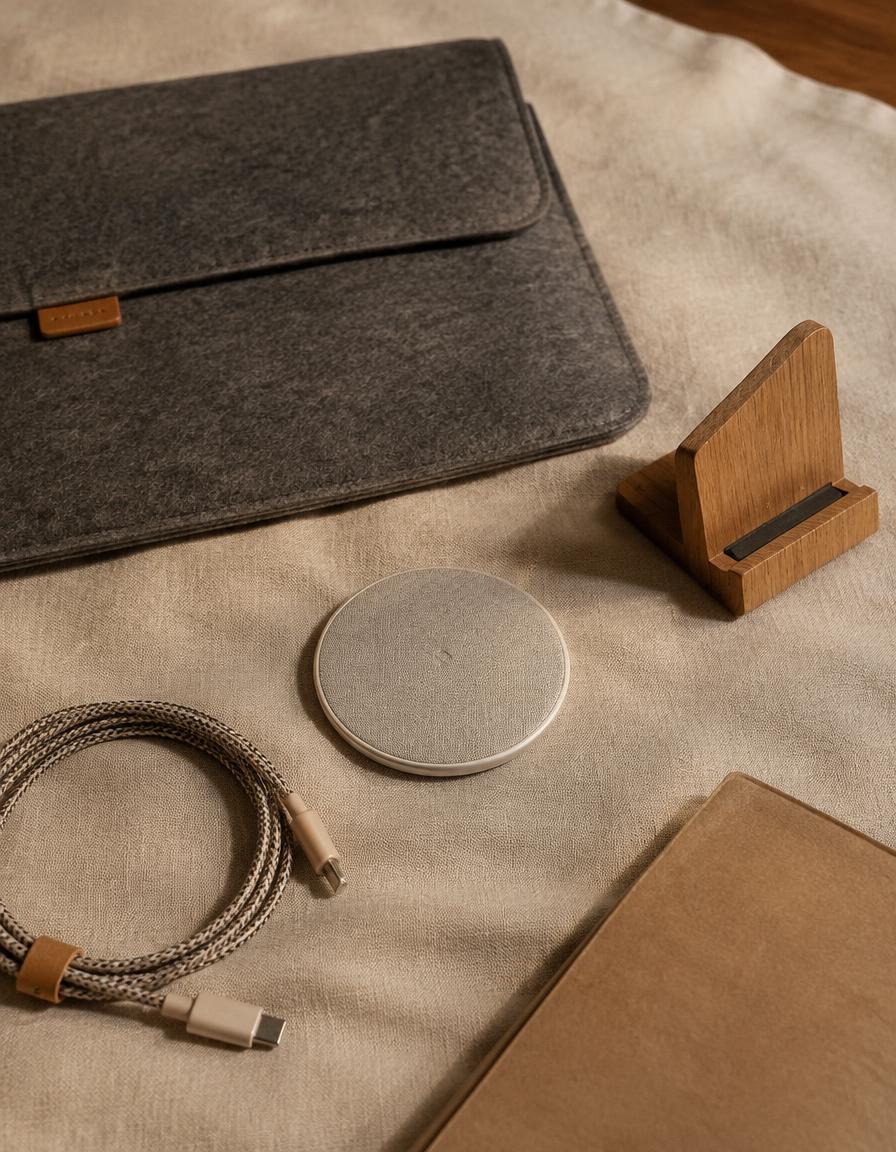 Felt laptop sleeve, braided cable and wooden phone stand on linen