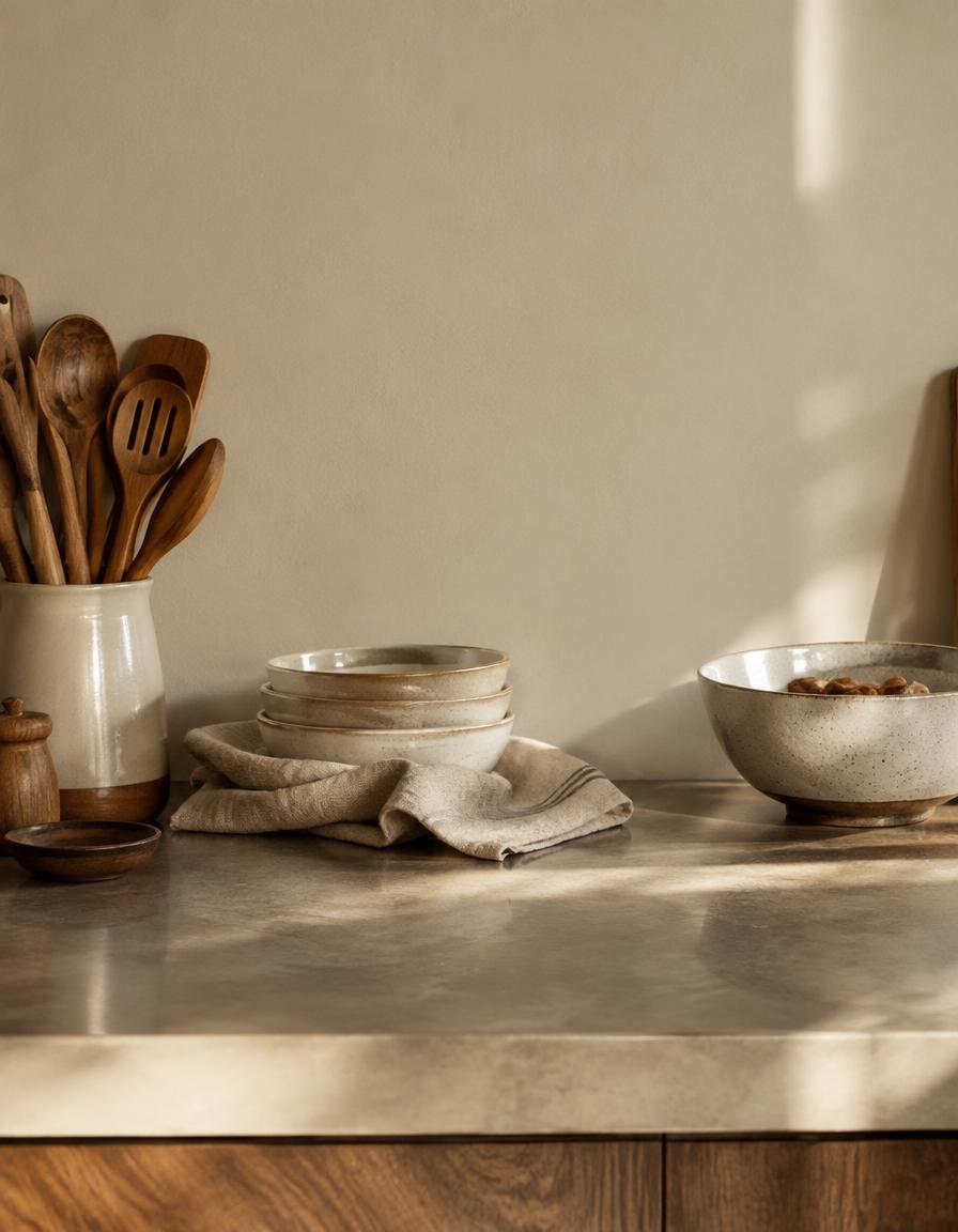 Stoneware bowls and wooden utensils on a kitchen counter