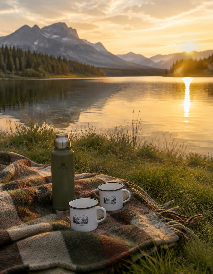 Wool blanket, bottle and enamel mugs by a lake at sunset
