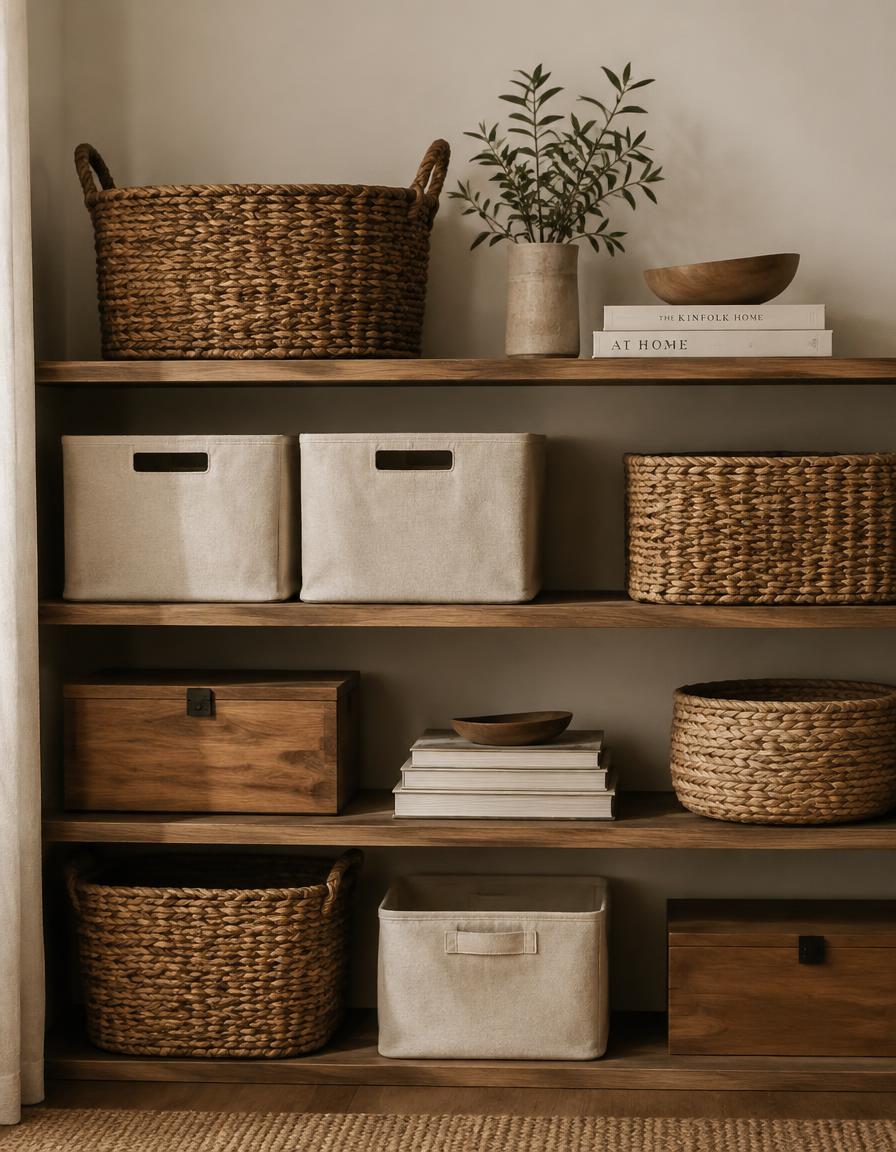 Woven baskets and canvas bins on wooden shelves