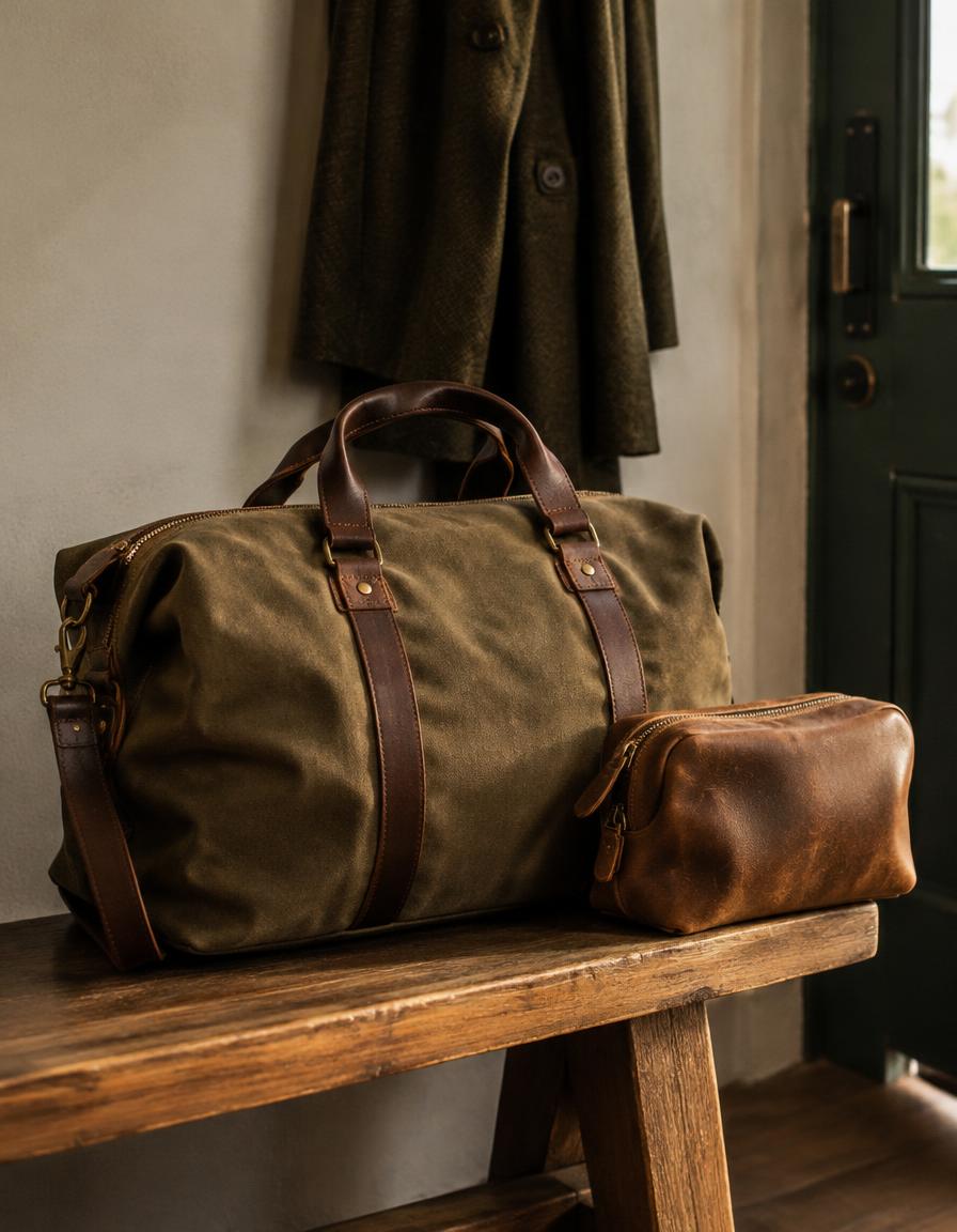 Waxed canvas weekender bag and leather pouch on a bench