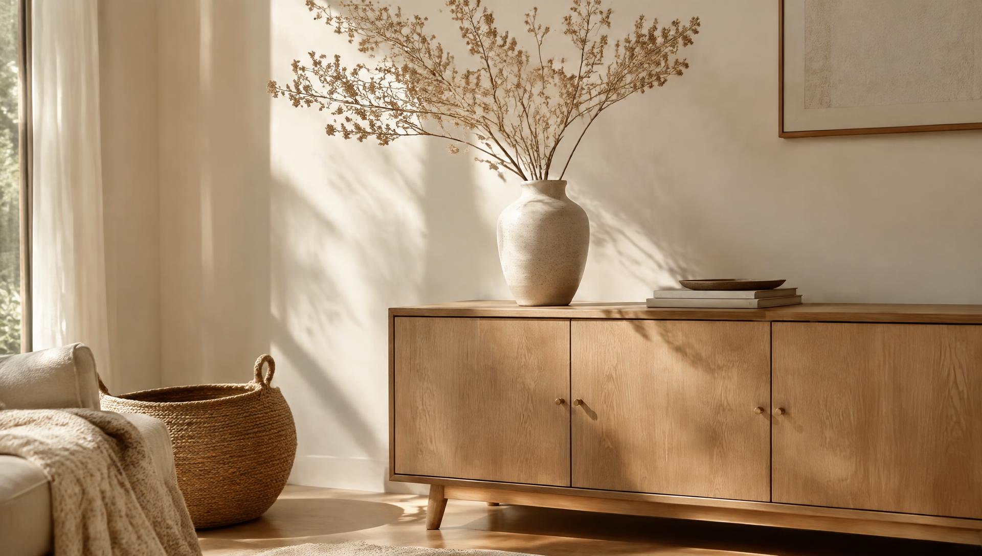 Sunlit living room with an oak sideboard, ceramic vase and woven basket